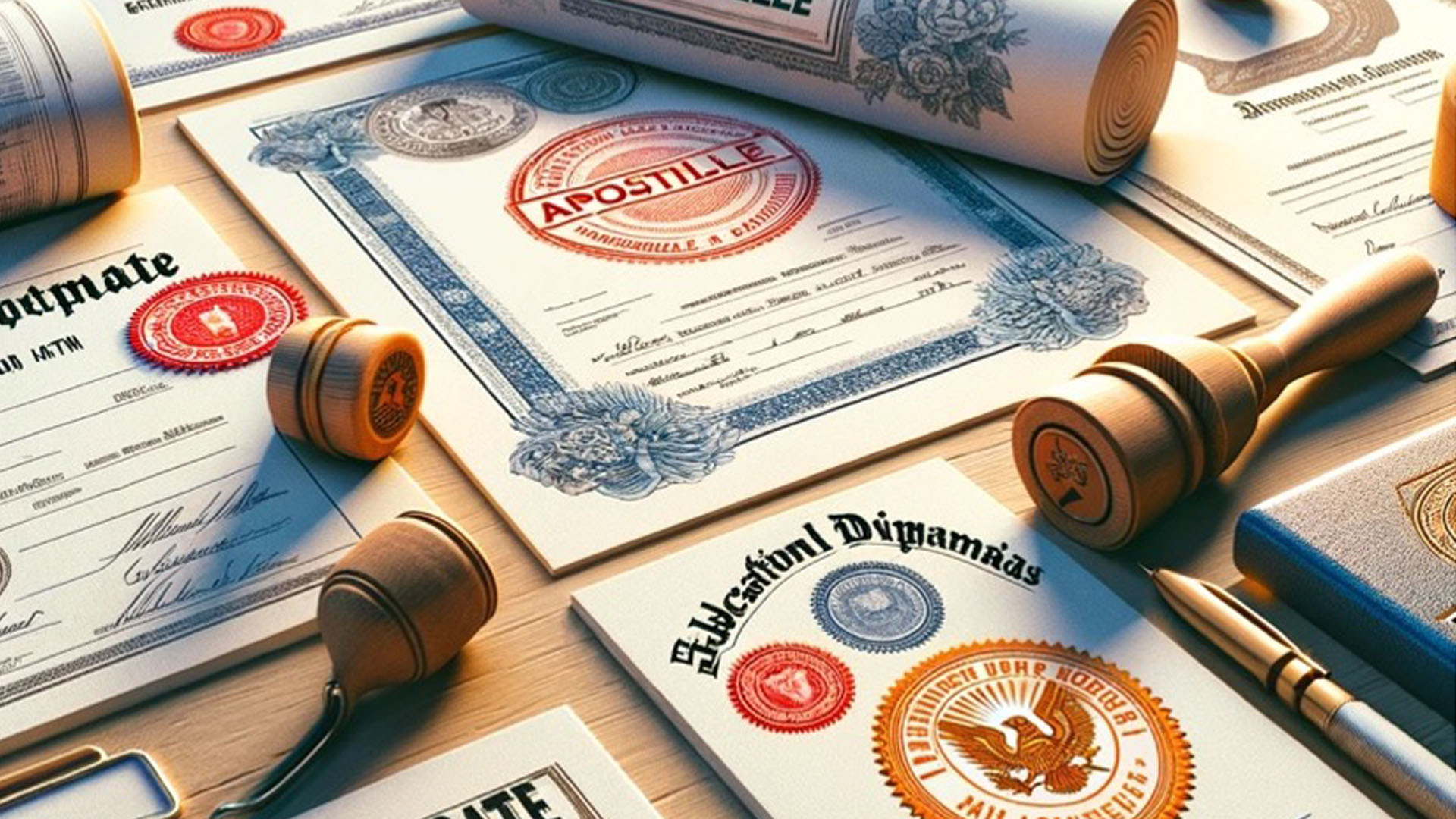 "Illustration of various documents such as birth certificates, marriage certificates, diplomas, and legal papers, all with a visible Apostille stamp, scattered on a wooden table."