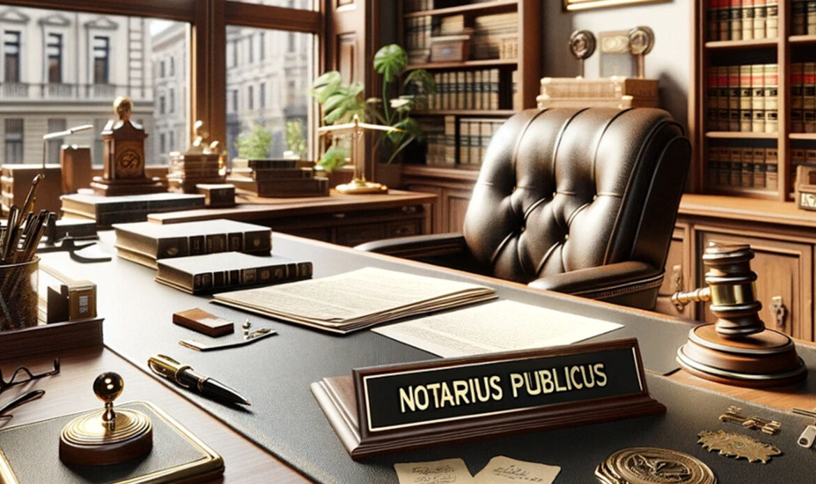 Traditional Notary Public office with professional equipment and legal documents" Caption: "Every detail tells a story of legal expertise. This image captures the proud tradition and meticulous professional practice of a Notary Public, a symbol of legal security and reliability in the legal world.