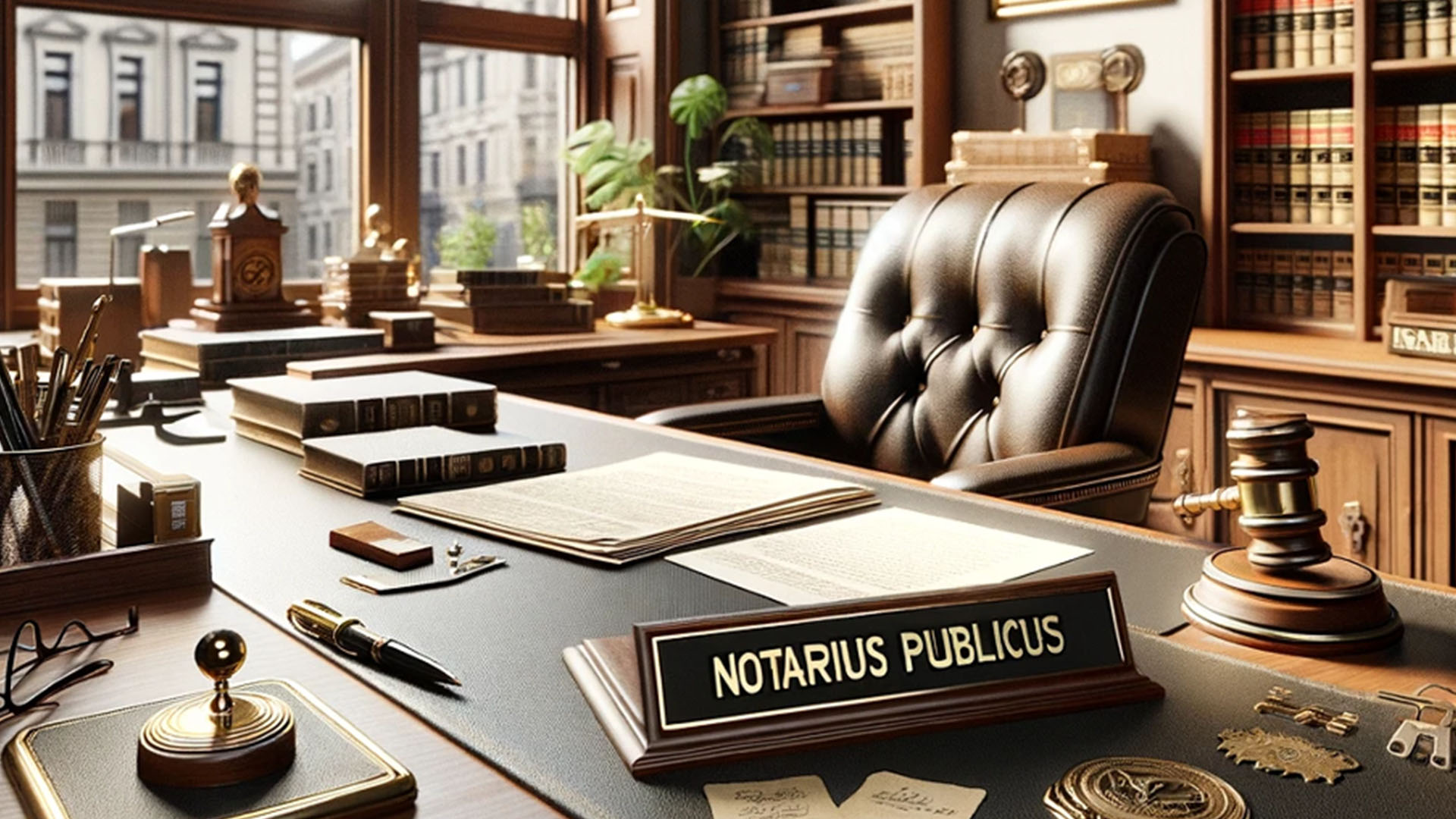 Traditional Notary Public office with professional equipment and legal documents" Caption: "Every detail tells a story of legal expertise. This image captures the proud tradition and meticulous professional practice of a Notary Public, a symbol of legal security and reliability in the legal world.