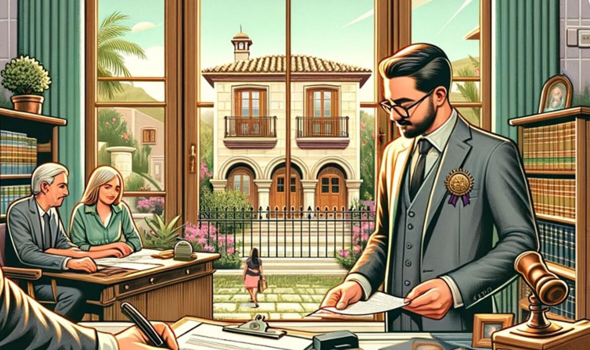A Notary Public in a bureaucratic office environment signing property documents with buyers, with a Spanish villa in the background.