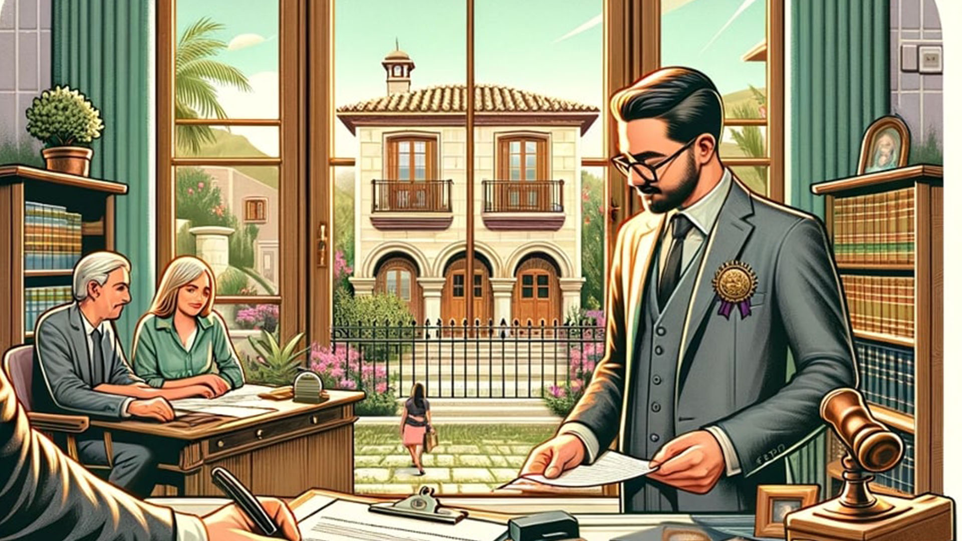 A Notary Public in a bureaucratic office environment signing property documents with buyers, with a Spanish villa in the background.