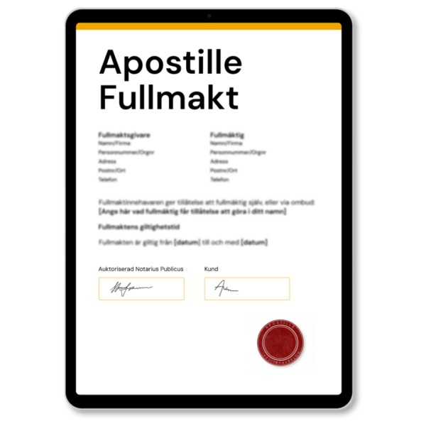 Apostille Fullmakt av Notarius Publicus, med officiell Apostille-stämpel, som används vid utfärdande av Apostille på fullmakt enligt internationell standard – tjänst tillgänglig via Apostille24.se.