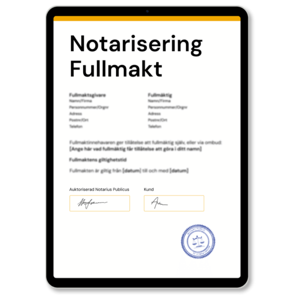 Notarisering Fullmakt av Notarius Publicus, med officiell stämpel, som används vid utfärdande av notarisering av fullmakt enligt internationell standard – tjänst tillgänglig via Apostille24.se.