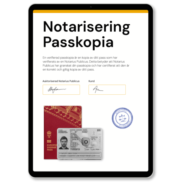 Notarisering av Passkopia av Notarius Publicus, med officiell stämpel, som används vid utfärdande av notarisering enligt internationell standard – tjänst tillgänglig via Apostille24.se.